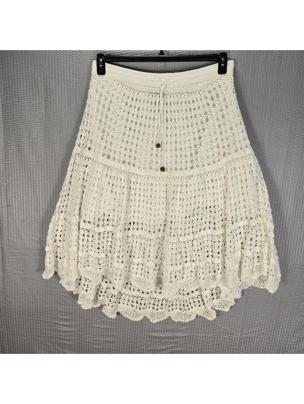 Mix Nouveau Crochet Lace Midi Skirt L White Boho Cottagecore Tiered Peasant
